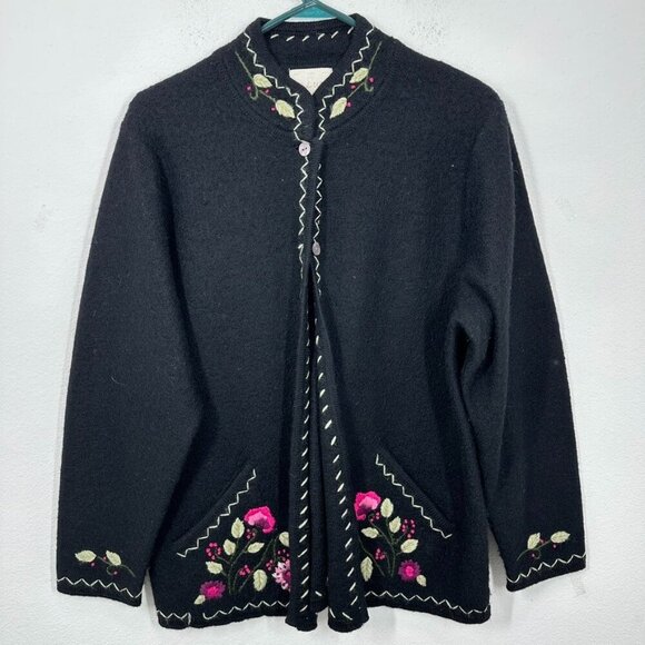 Studio Works‎ Size Medium Black 100% Wool Vintage Floral Embroidered Cardigan - Picture 1 of 6